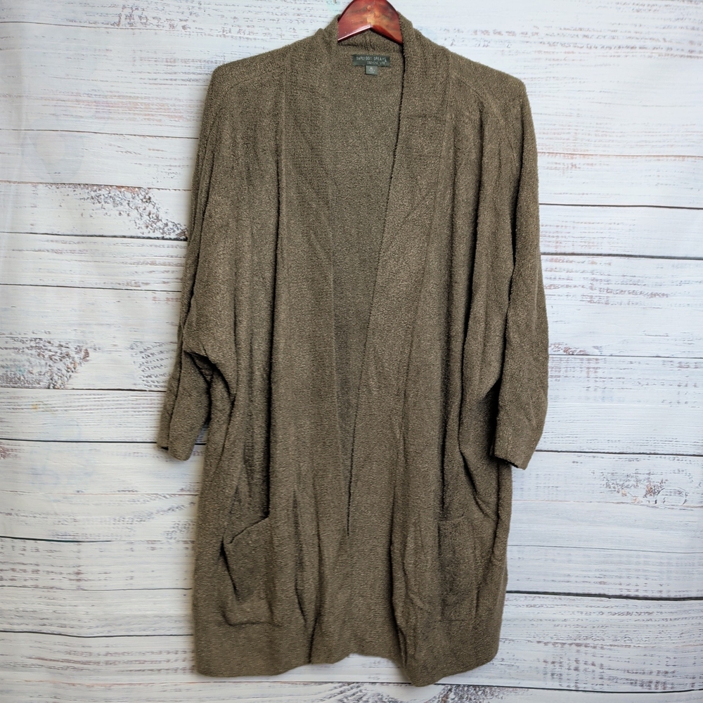 Barefoot Dreams Cozychic Lite Olive Green Long Open Cardigan Pockets Women's XL